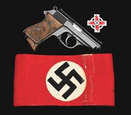 (C) TRULY EXCEPTIONAL WALTHER PPK SEMI-AUTOMATIC PISTOL WITH PARTY LEADER GRIPS, HOLSTER, & ACCESSOR