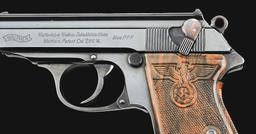 (C) TRULY EXCEPTIONAL WALTHER PPK SEMI-AUTOMATIC PISTOL WITH PARTY LEADER GRIPS, HOLSTER, & ACCESSOR