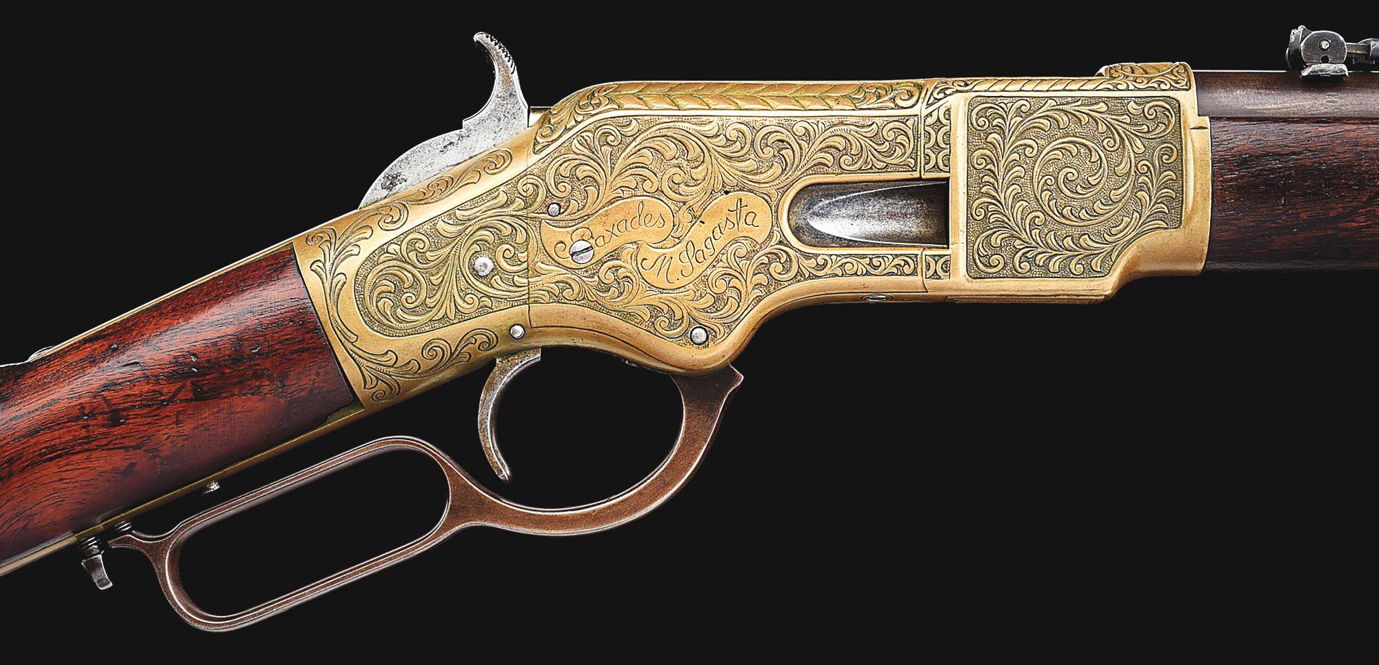 (A) ENGRAVED WINCHESTER MODEL 1866 LEVER ACTION MUSKET.