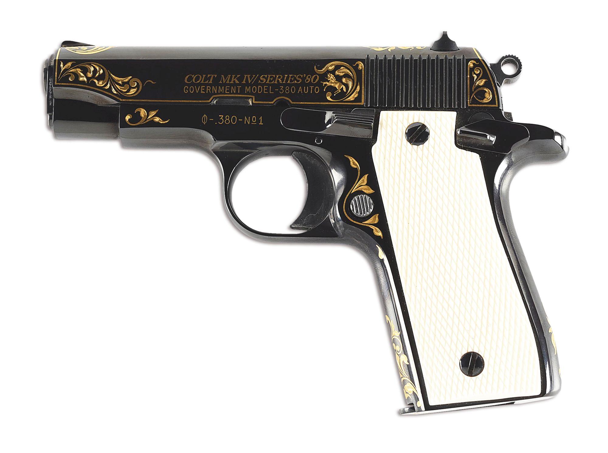 (M) COLT MK IV SERIES 80 GOVERNMENT SEMI-AUTOMATIC PISTOL WITH BLUED FINISH AND GOLD LEAF SCROLL WOR