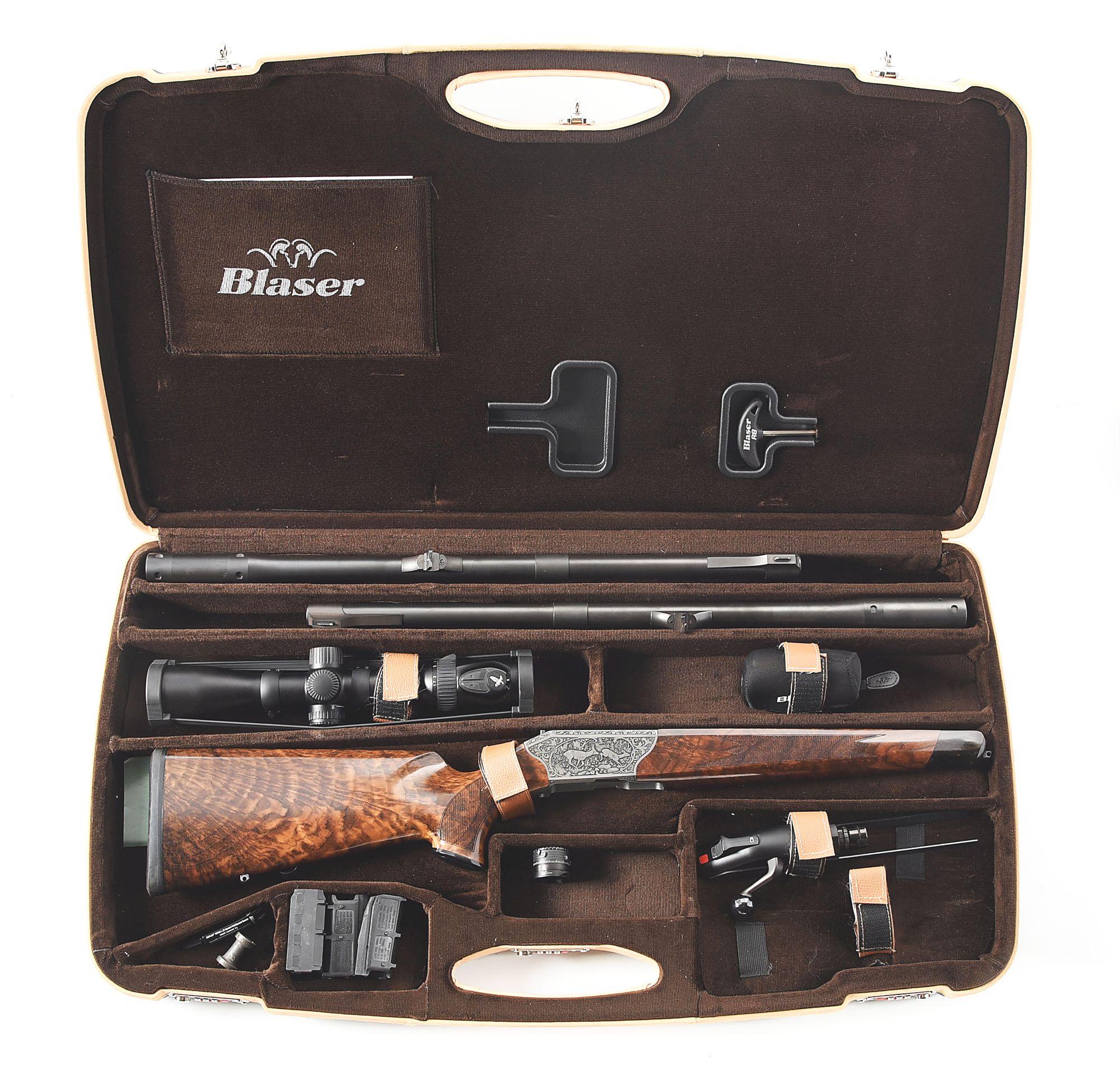 (M) BLASER R8 BOLT ACTION RIFLE WITH .375 H&H AND .458 LOTT BARRELS, OPTICS, CASE.