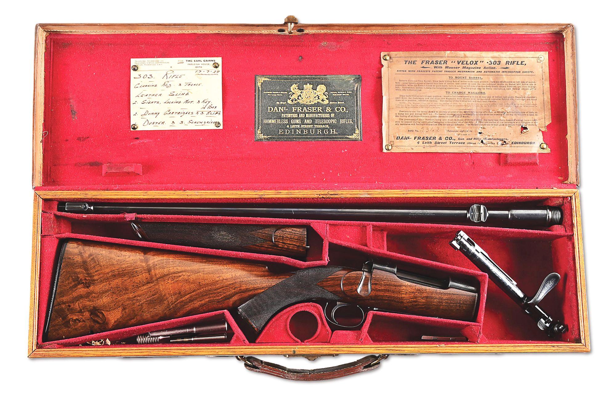 (C) CASED DANIEL FRASER TAKEDOWN VELOX .303 BOLT ACTION RIFLE OF 4TH EARL CAIRNS.