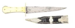 W&S BUTCHER BOWIE WITH ACID ETCHED MOTIFS ON BLADE.