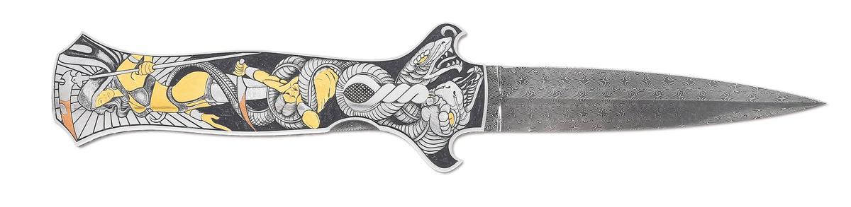 JOE KIOUS AND RON SKAGGS DECORATED DEAD BUG AUTO KNIFE.