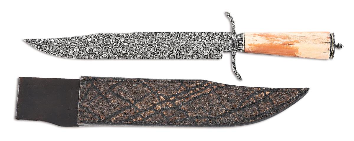 DAL MOLIN BRUNO BOWIE KNIFE WITH MOSAIC DAMASCUS BLADE WITH GIRAFFE BONE.