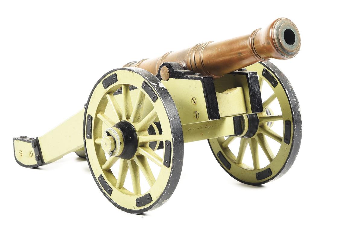 LARGE BRONZE REVOLUTIONARY WAR FIRING CANNON MODEL ON CARRIAGE.