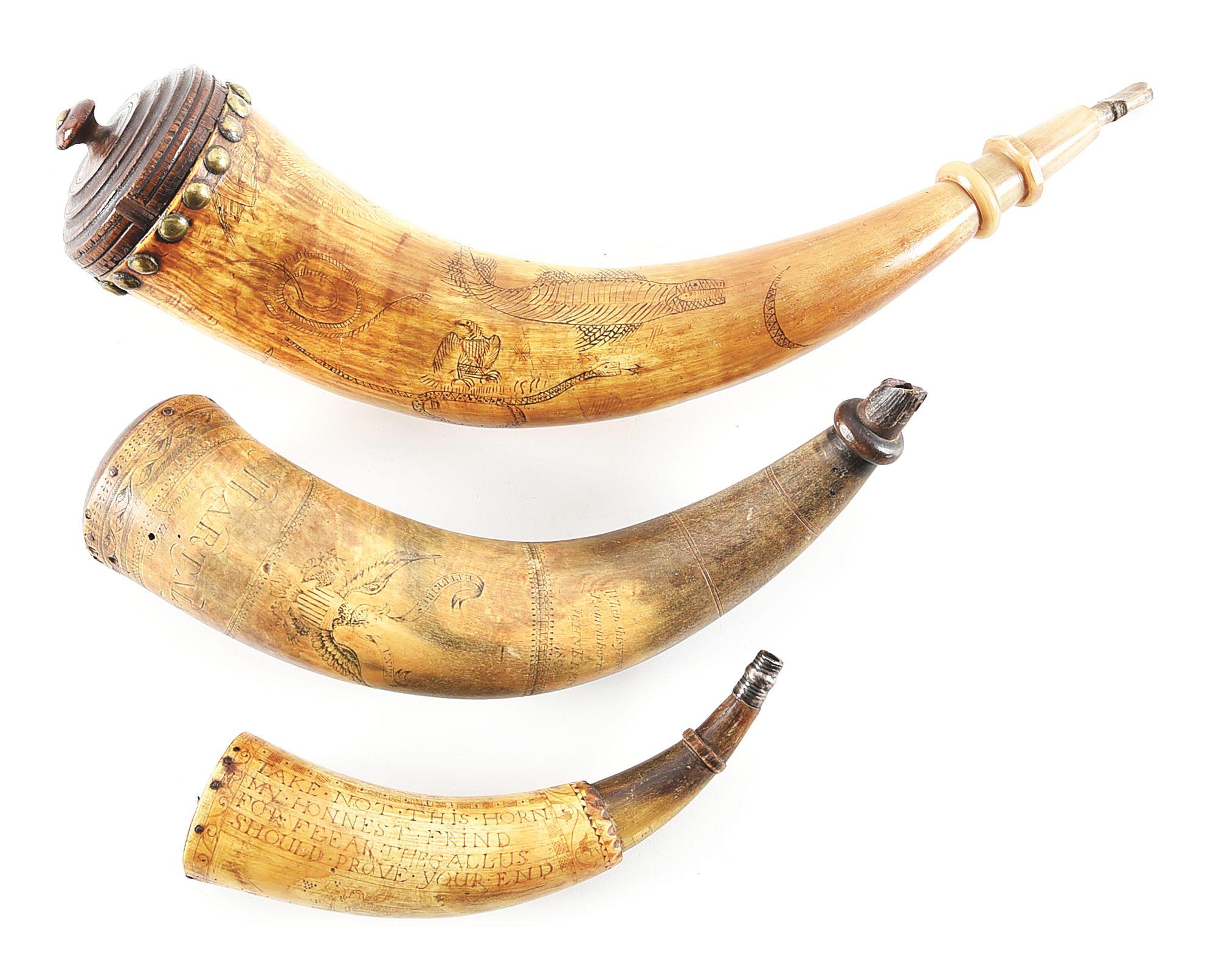 LOT OF 3: ENGRAVED POWDER HORNS.