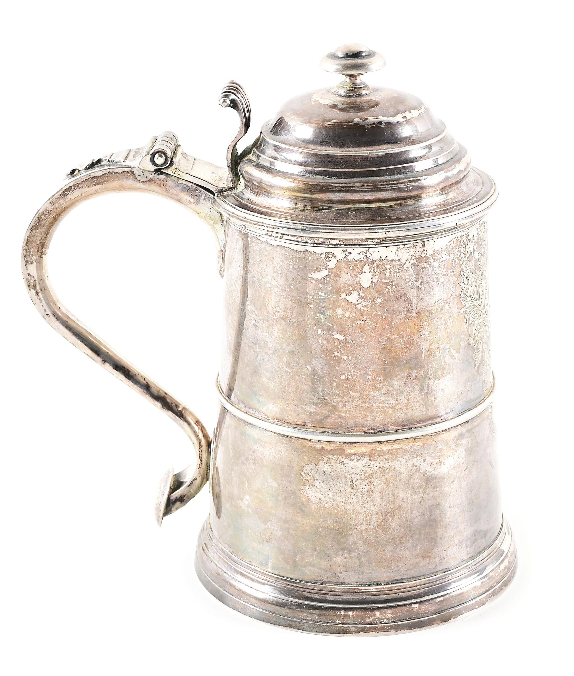 SILVER TANKARD ATTRIBUTED TO MASSACHUSETTS GOVERNOR THOMAS DUDLEY, EX-LATTIMER.