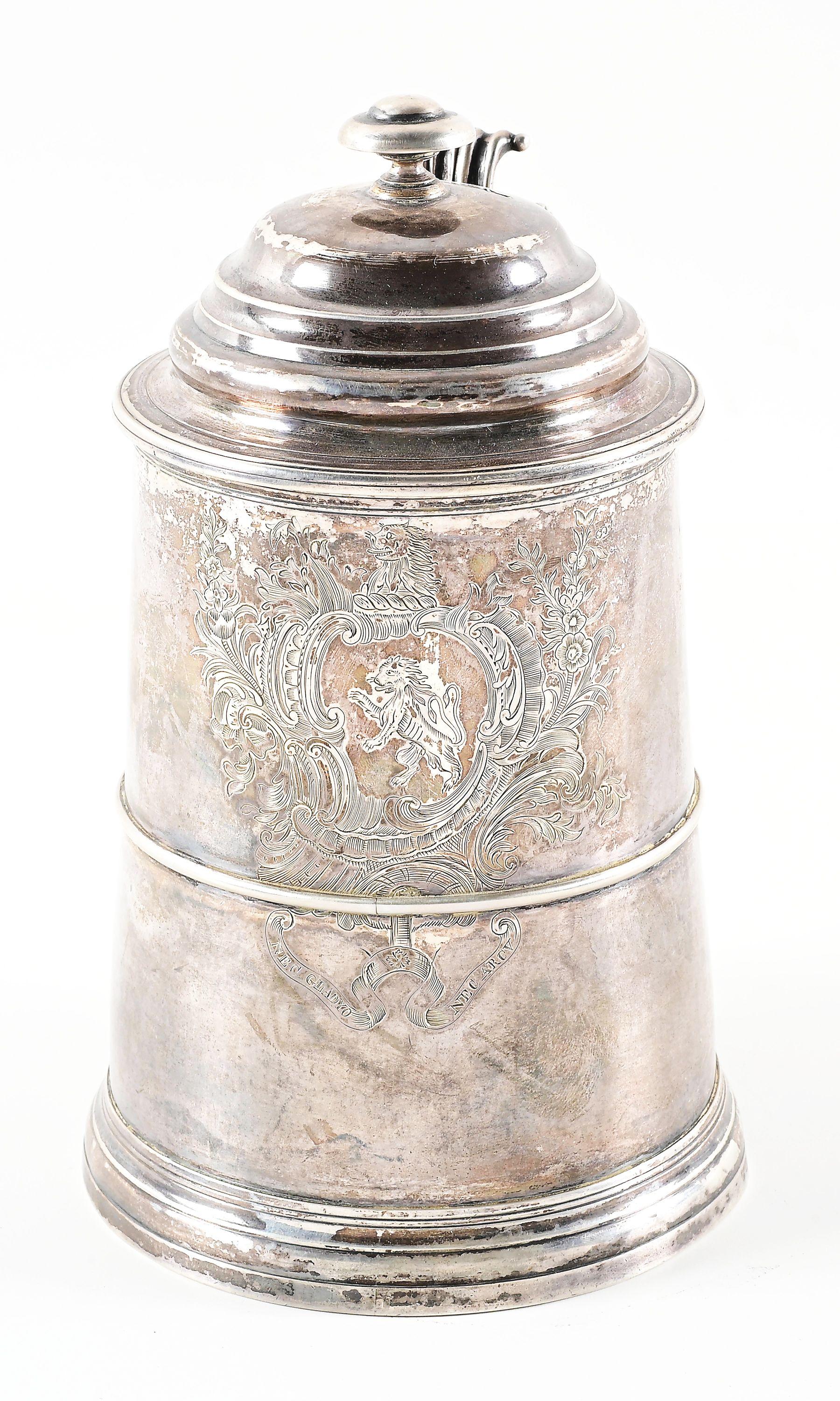 SILVER TANKARD ATTRIBUTED TO MASSACHUSETTS GOVERNOR THOMAS DUDLEY, EX-LATTIMER.