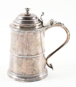 SILVER TANKARD ATTRIBUTED TO MASSACHUSETTS GOVERNOR THOMAS DUDLEY, EX-LATTIMER.