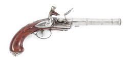 (A) FINE ENGLISH SILVER MOUNTED QUEEN ANNE FLINTLOCK OFFICER'S PISTOL BY ISAAC SMITH.