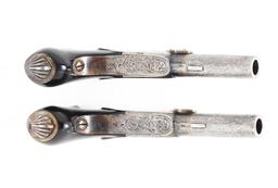 (A) PAIR OF TEARDROP-CASED BELGIAN PERCUSSION MUFF PISTOLS.
