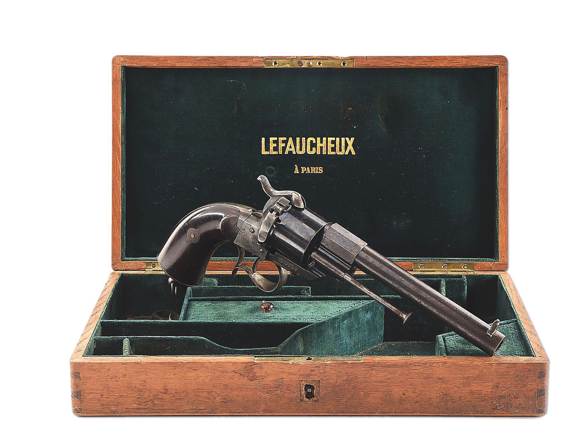 (A) CASED E. LEFAUCHEUX MODEL 1854 SINGLE ACTION REVOLVER.