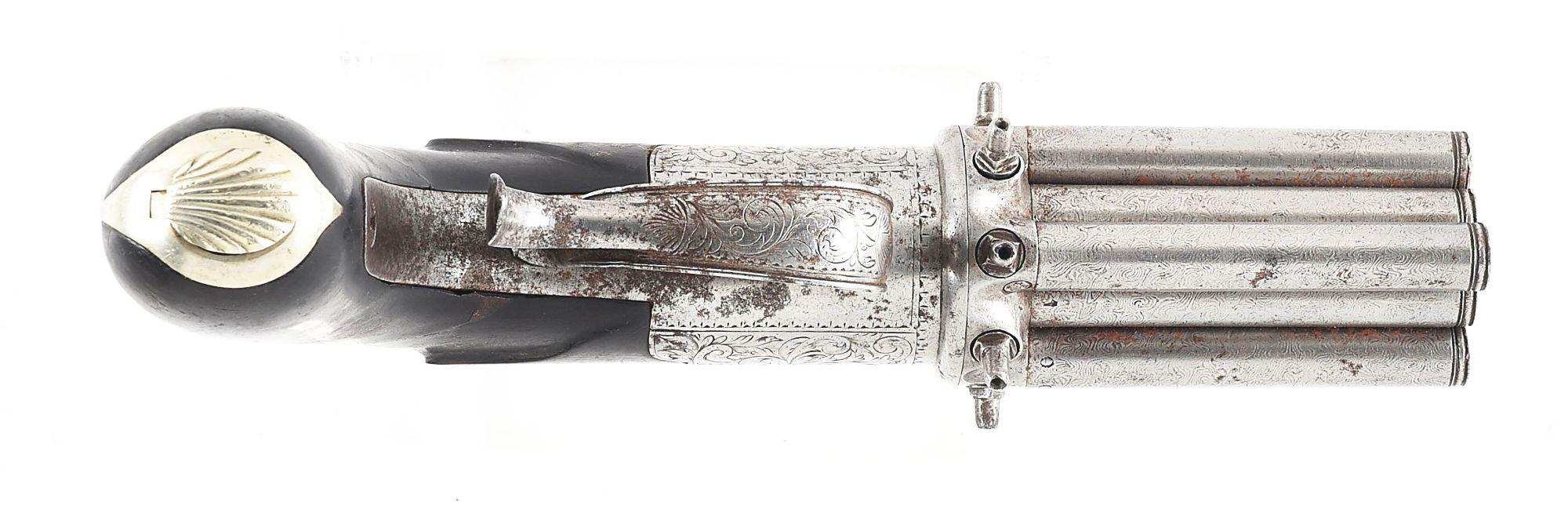 (A) UNUSUAL 8 BARREL BELGIAN J.J.H. BREVETE PERCUSSION PEPPERBOX REVOLVER.