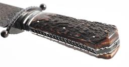 CAS DAMASCUS BLADE BOWIE KNIFE WITH TOOLED LEATHER SCABBARD.