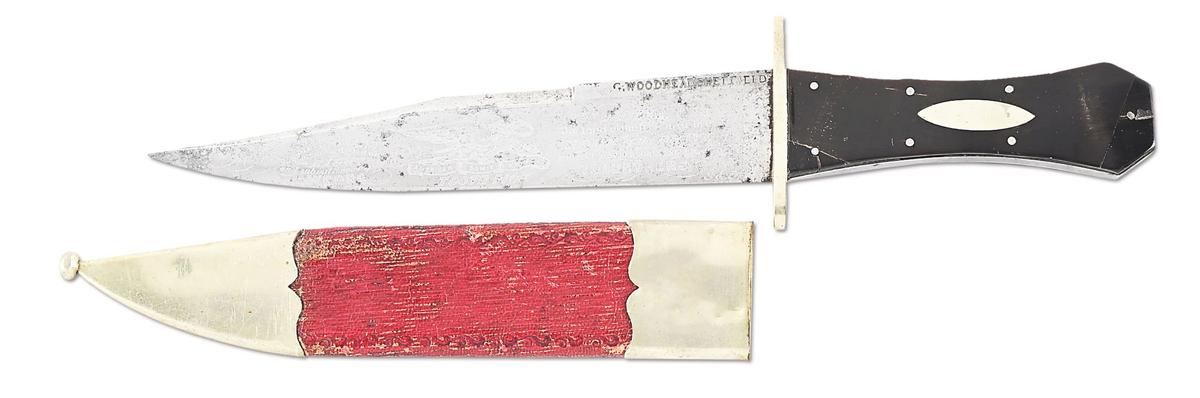 GEORGE WOODHEAD SHEFFIELD BOWIE KNIFE WITH PATRIOTIC ACID ETCHING.