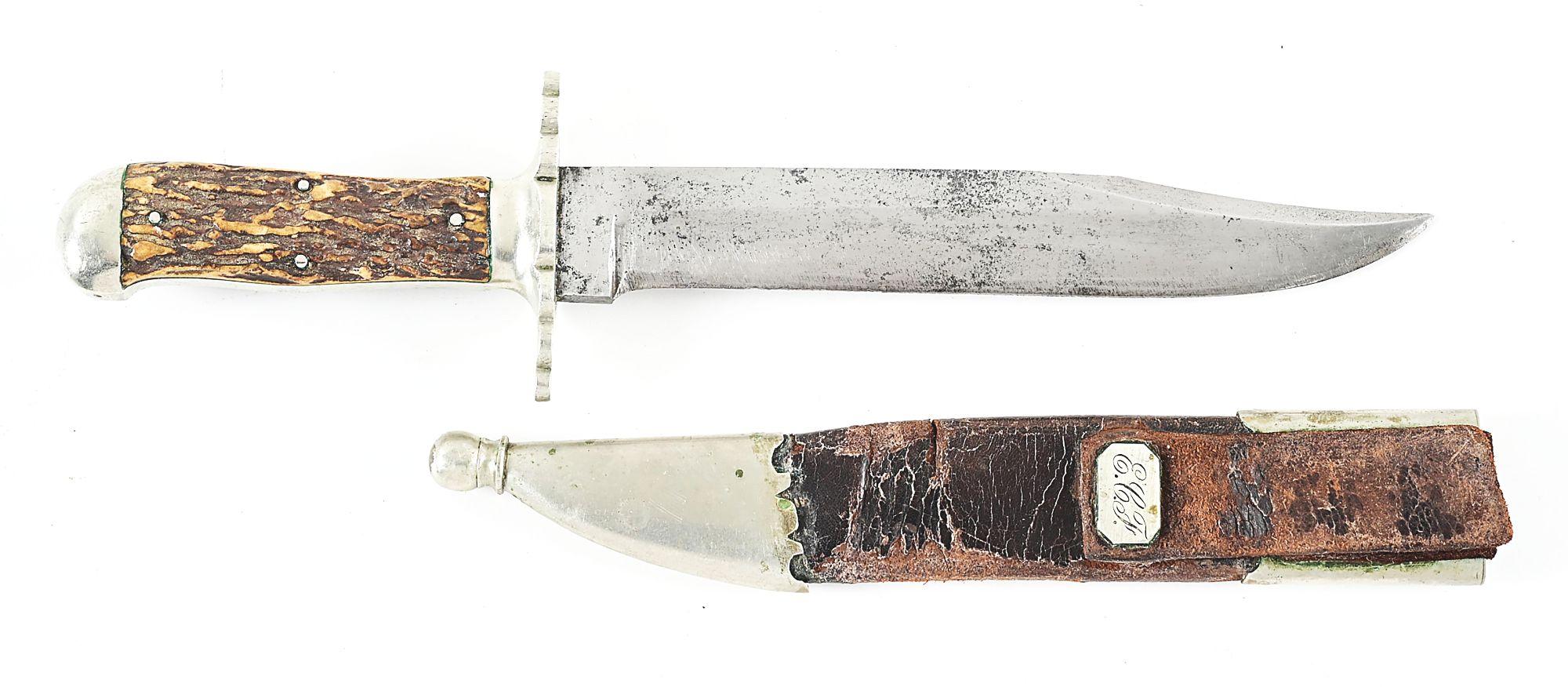 JOSEPH RODGERS & SONS STAG HANDLED BOWIE KNIFE.