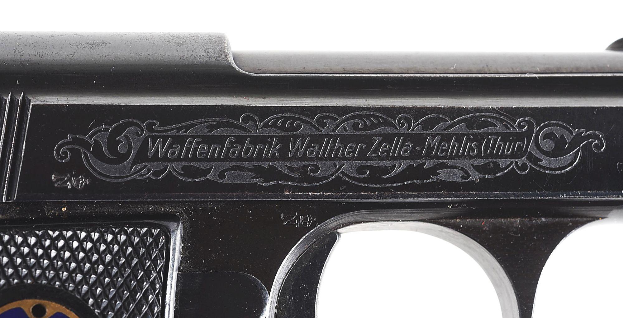 (C) FACTORY EMBELLISHED WALTHER MODEL 9B SEMI AUTOMATIC PISTOL.