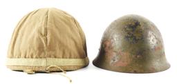 LOT OF 2: JAPANESE WWII ARMY HELMET WITH COVER AND JAPANESE NAVY HELMET.