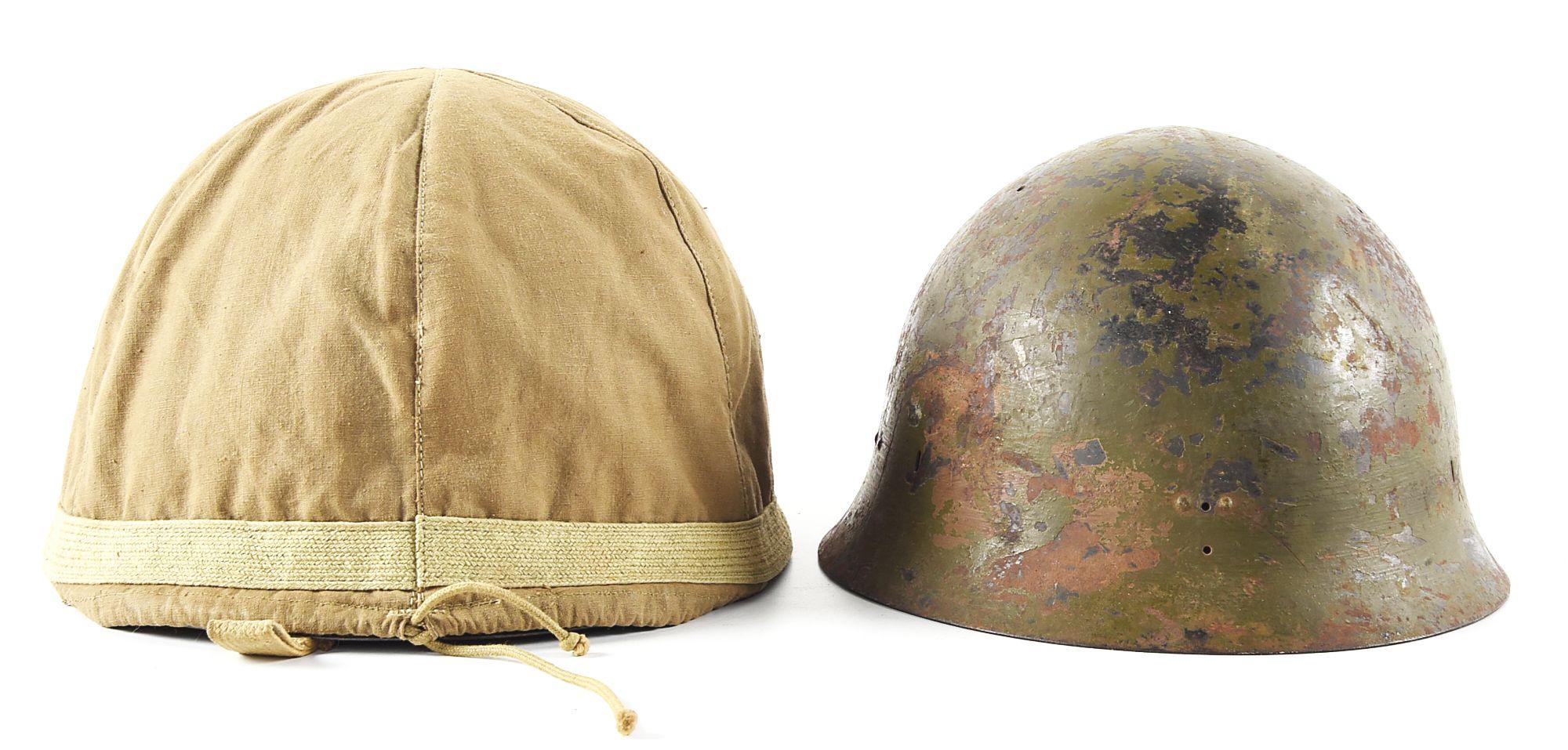 LOT OF 2: JAPANESE WWII ARMY HELMET WITH COVER AND JAPANESE NAVY HELMET.