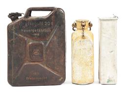 LOT OF 3: GERMAN WWII DRINKING WATER CONTAINERS AND GAS CAN.