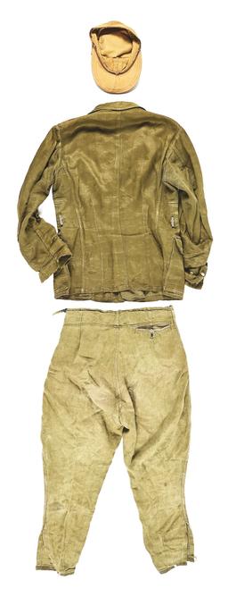 GERMAN WWII LUFTWAFFE TROPICAL UNIFORM WITH TUNIC, TROUSERS, HAT, AND BELT.