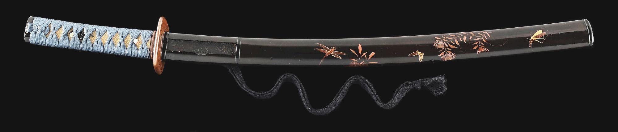 A POETIC WAKIZASHI SIGNED KATO TSUNAHIDE IN INSECT THEMED MOUNTS.