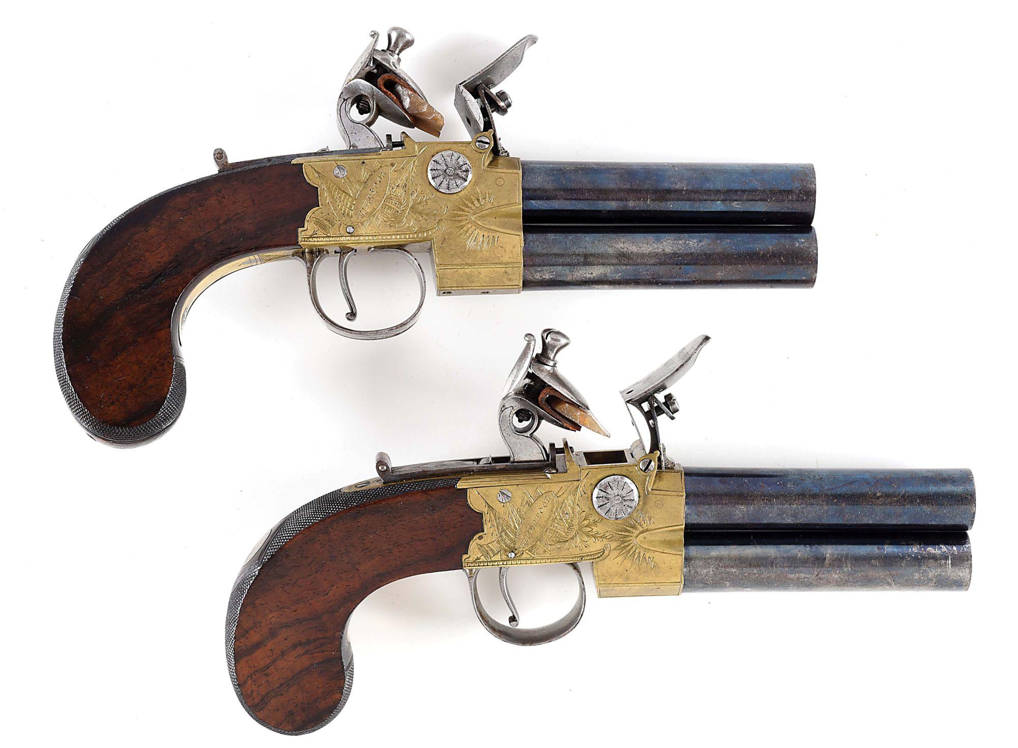 (A) A VERY FINE PAIR OF LARGE BORE BRITISH TAP-ACTION FLINTLOCK PISTOLS BY HOLMES OF LIVERPOOL