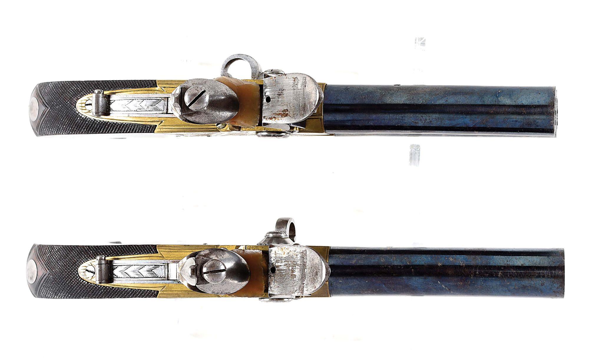 (A) A VERY FINE PAIR OF LARGE BORE BRITISH TAP-ACTION FLINTLOCK PISTOLS BY HOLMES OF LIVERPOOL