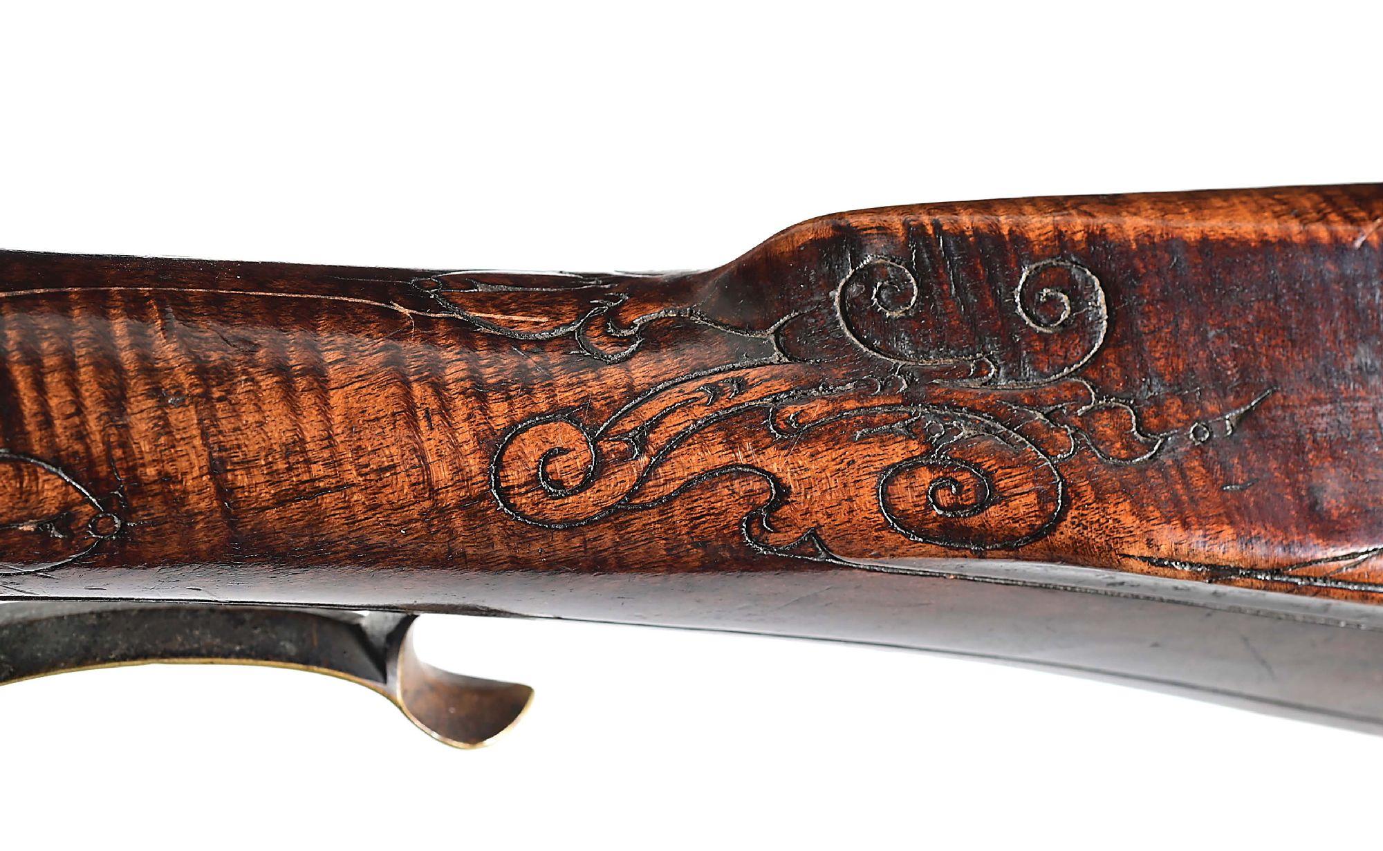 (A) BUCKS COUNTY FLINTLOCK KENTUCKY RIFLE ATTRIBUTED TO JOHN SHULER.