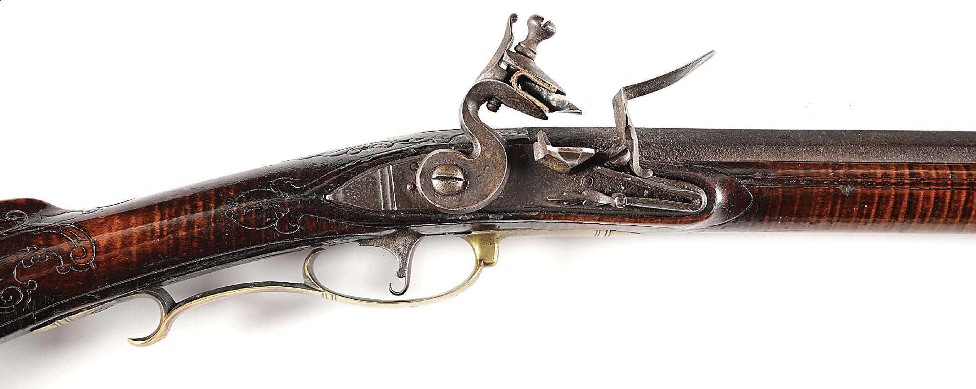 (A) BUCKS COUNTY FLINTLOCK KENTUCKY RIFLE ATTRIBUTED TO JOHN SHULER.