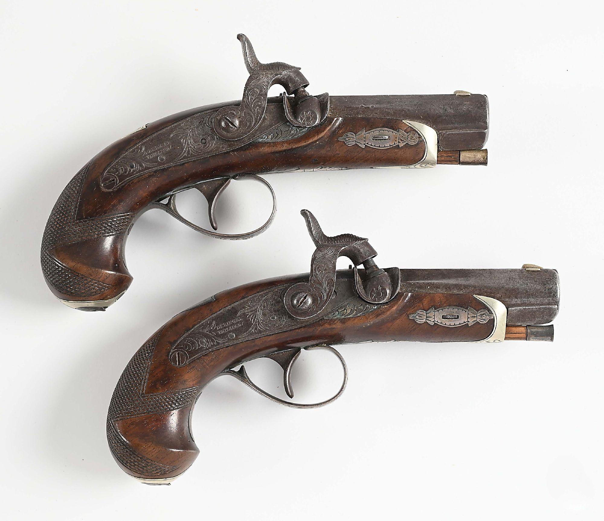 (A) RARE CASED PAIR OF HENRY DERINGER PHILADELPHIA PERCUSSION PISTOLS.