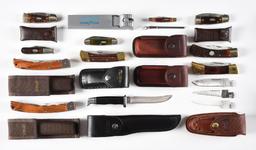 LOT OF 14: AMERICAN FOLDING KNIVES BY BUCK, REMINGTON, CASE, AND OTHERS.