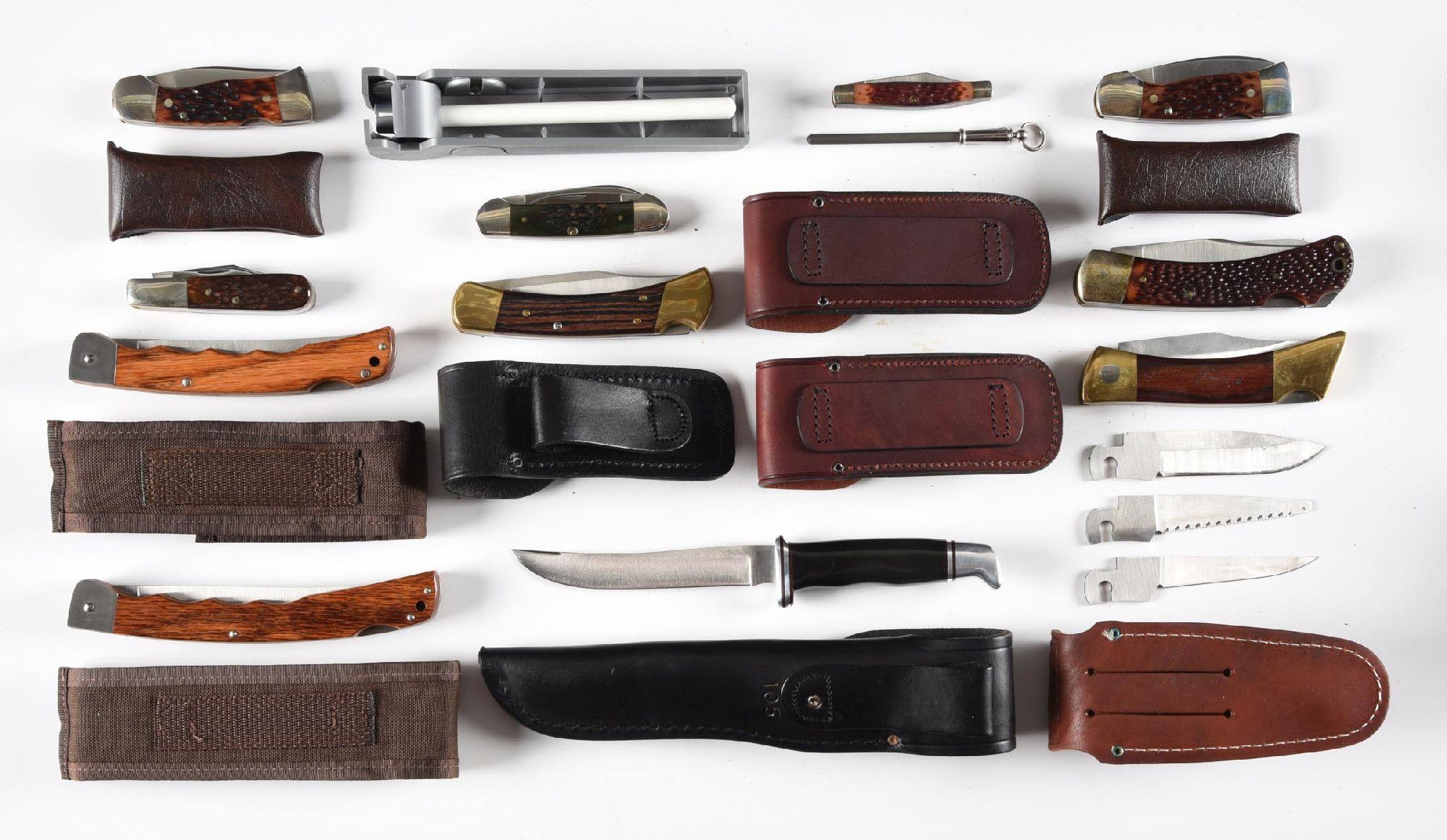 LOT OF 14: AMERICAN FOLDING KNIVES BY BUCK, REMINGTON, CASE, AND OTHERS.