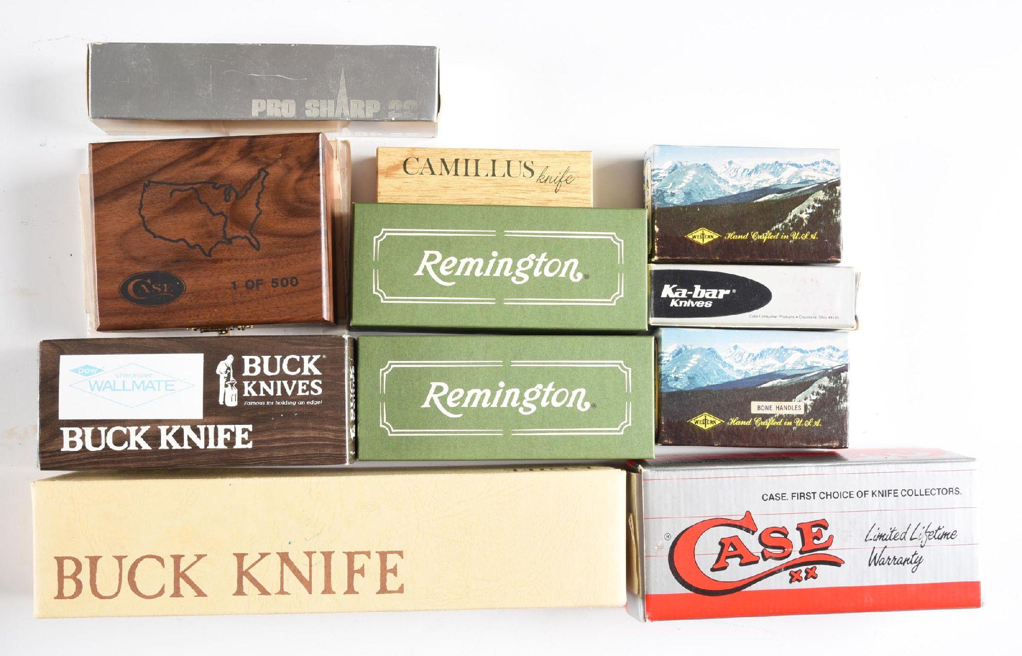 LOT OF 14: AMERICAN FOLDING KNIVES BY BUCK, REMINGTON, CASE, AND OTHERS.
