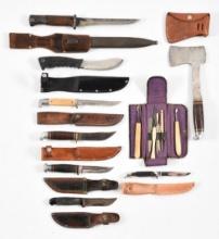 LOT OF 9: FIXED BLADE KNIVES, 8-PIECE FIELD KIT, AXE, AND BAYONET.
