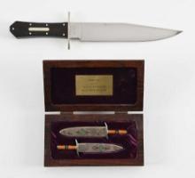 LOT OF 2: JERRY MCALPIN COFFIN HANDLE BOWIE KNIFE AND CASED SET OF MINIATURE BOWIE KNIVES.
