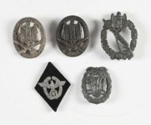LOT OF 5: 4 THIRD REICH BADGES AND 1 POLICE PATCH.
