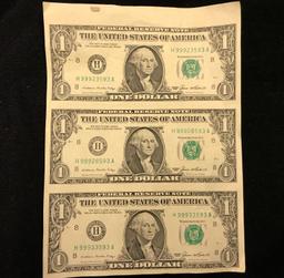 1 Uncut Sheet of 3 $1 Bills