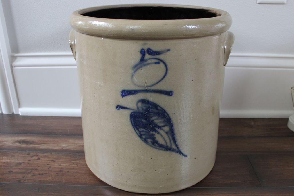 5 GALLON  RED WING SALT GLAZE LEAF CROCK - SMALL CHIP EACH HANDLE