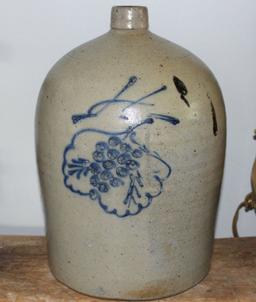 4 GALLON SALT GLAZE BEEHIVE JUG W/COBALT GRAPE LEAF - EXCELLENT