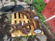 Hay grapple, push mower, push shoval