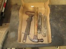 draw pin, hammer, vise grips, cresent wrench