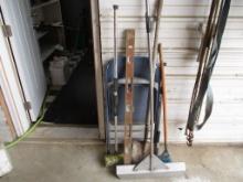 level, car brushes, shovel, rake, folding chair