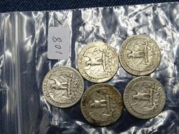 5 Washington Quarters 1952D,54,56,58D,59D