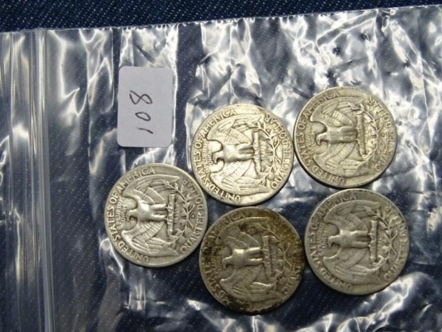 5 Washington Quarters 1952D,54,56,58D,59D