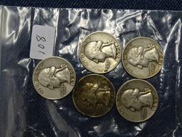 5 Washington Quarters 1952D,54,56,58D,59D
