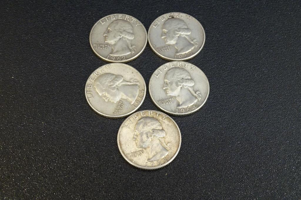 5 Washington Quarters 1962,62D,63,64,64D