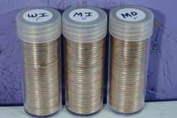 3 ROLLS UNC STATE QTRS MI,MO,WI