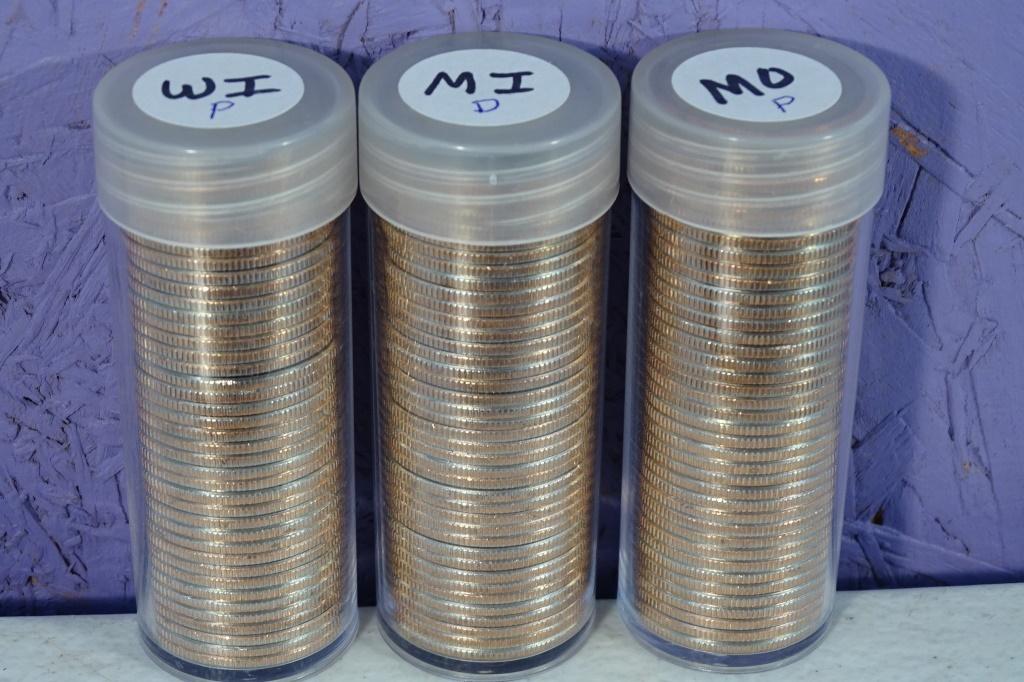 3 ROLLS UNC STATE QTRS MI,MO,WI